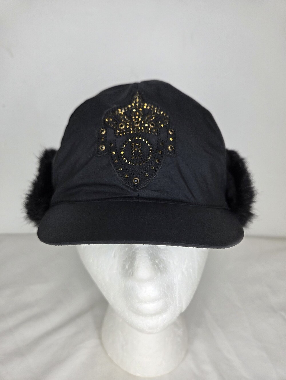 Bogner Size M Black Ear-Flap Winter Hat with Gold Stud Detail
